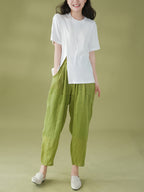 Women Summer Solid Pleat Pocket Thin Ramie Harem Pants
