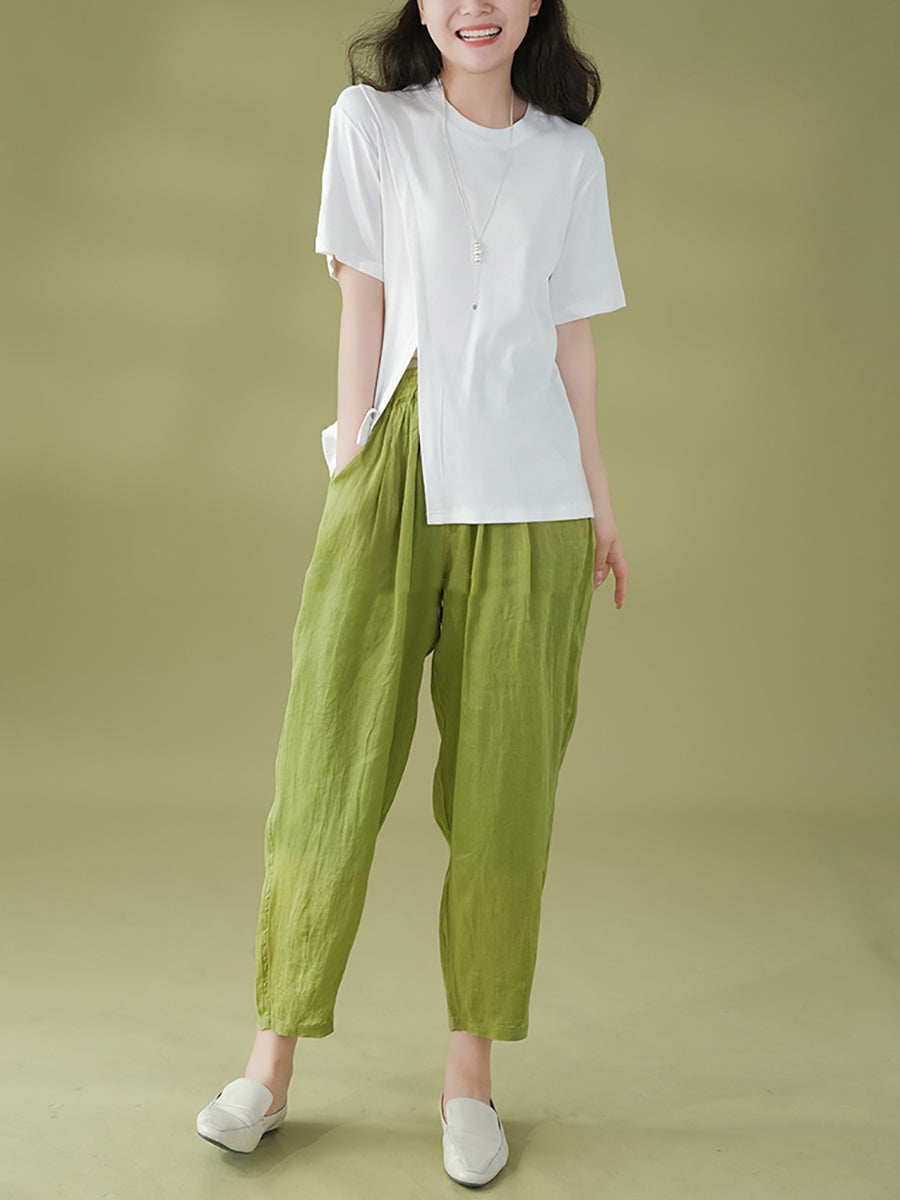 Women Summer Solid Pleat Pocket Thin Ramie Harem Pants