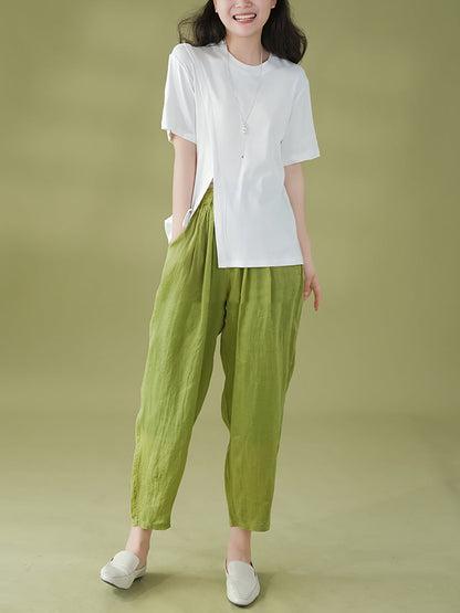 Women Summer Solid Pleat Pocket Thin Ramie Harem Pants