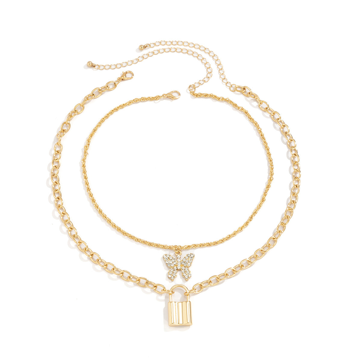 Fashion Inlaid Rhinestone Set Metal Necklace Personality Geometric Padlock Pendant Alloy Jewelry