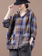 Plus Size Loose Stitching Drawstring Cotton Linen Hooded Blouse Shirt