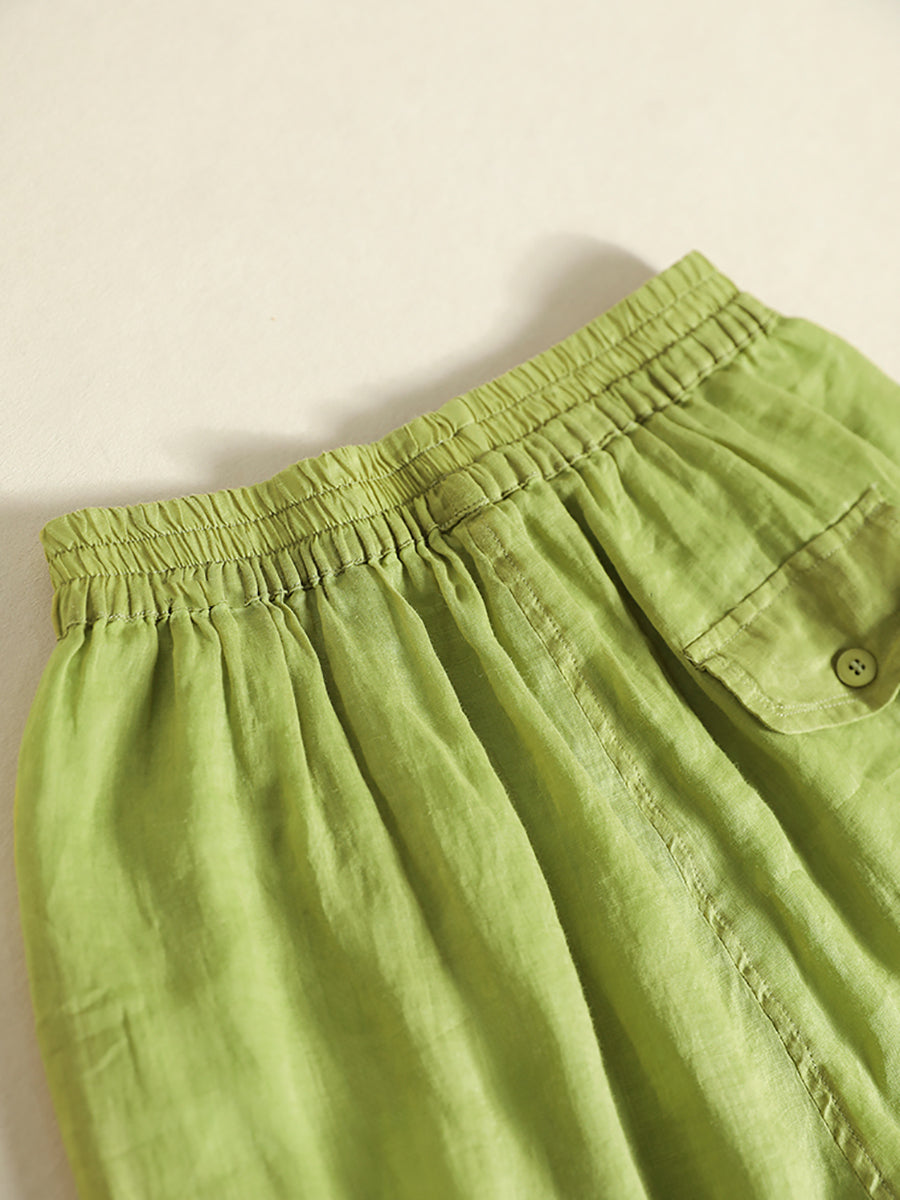 Women Summer Solid Pleat Pocket Thin Ramie Harem Pants