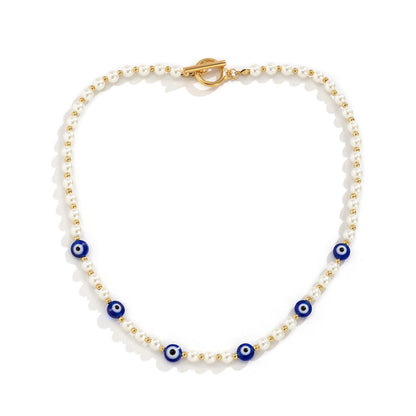 Geometric simple OT buckle single-layer clavicle chain Retro stitching artificial pearl eye necklace