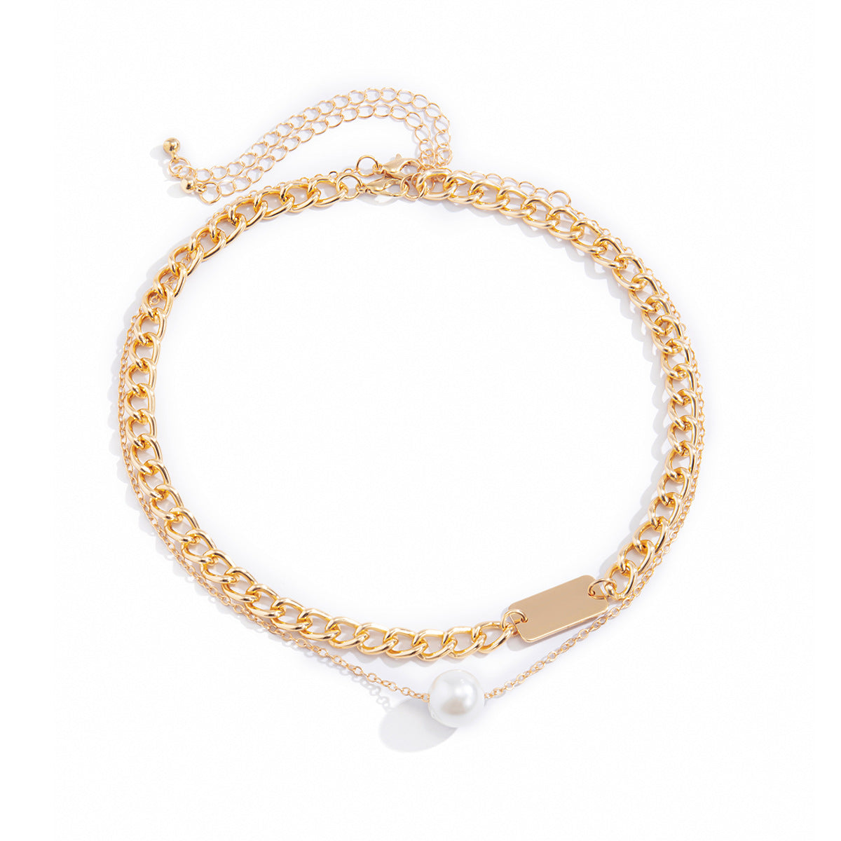 Simple double-layer geometric square pearl necklace temperament and generous metal chain neck necklace