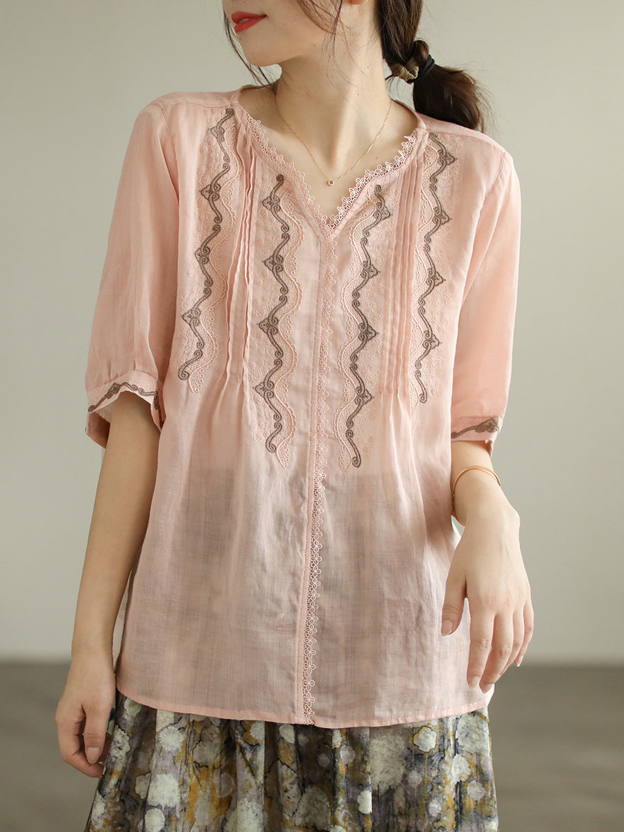 Lace Embroidery Ramie Casual Summer Women T Shirt