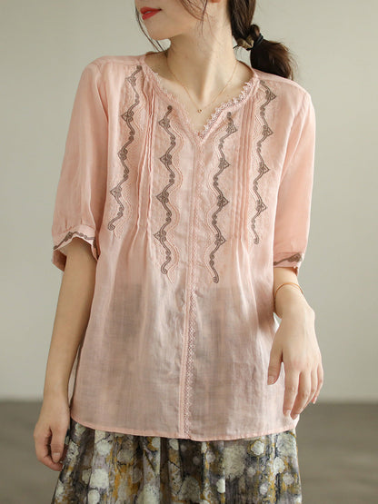 Lace Embroidery Ramie Casual Summer Women T Shirt