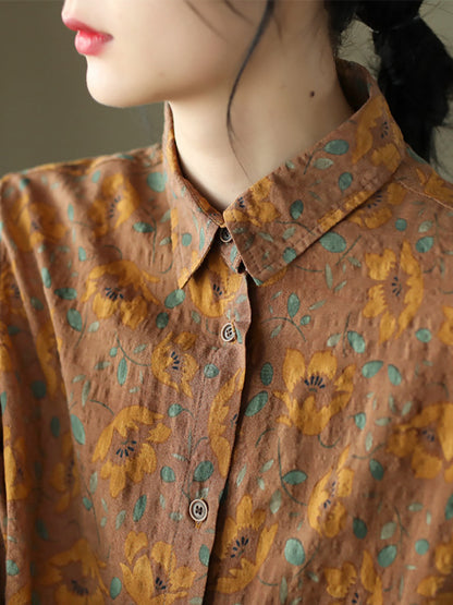 Plus Size Women Spring Vintage Floral Button T-shirt