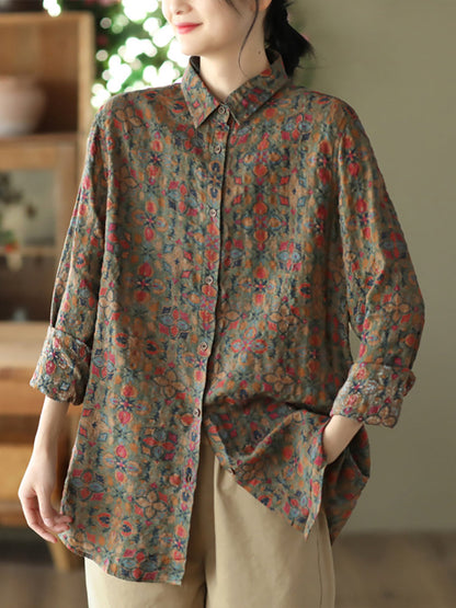 Plus Size Women Spring Vintage Floral Button T-shirt