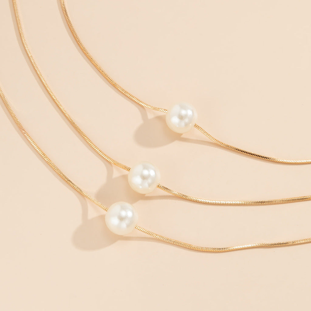 Multi-layer Imitation Pearl Pendant Necklace Geometric Thin Chain Snake Bone Necklace