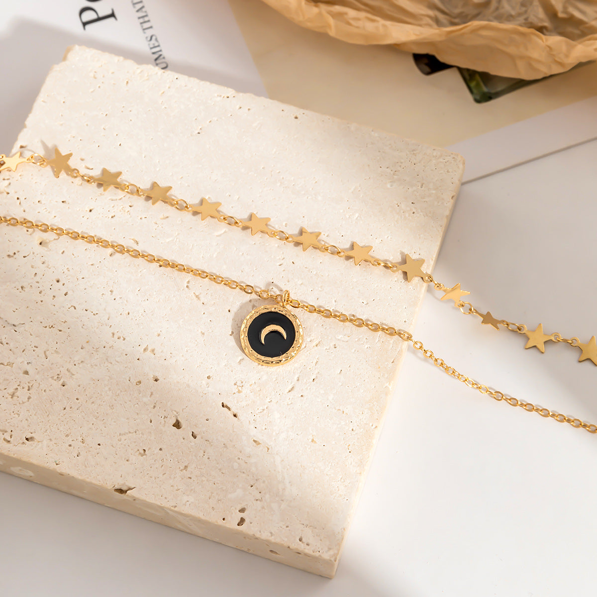 Geometric metal fine chain necklace creative star and moon drop oil pendant all-match double necklace