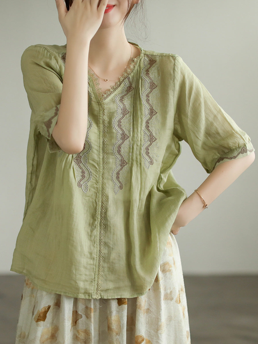 Lace Embroidery Ramie Casual Summer Women T Shirt