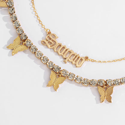 Multi-butterfly necklace women simple retro letter flash diamond collarbone necklace
