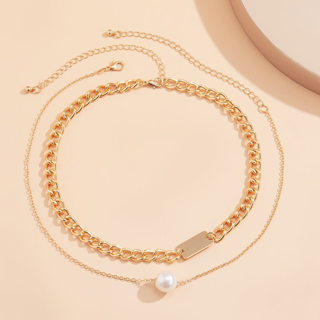 Simple double-layer geometric square pearl necklace temperament and generous metal chain neck necklace