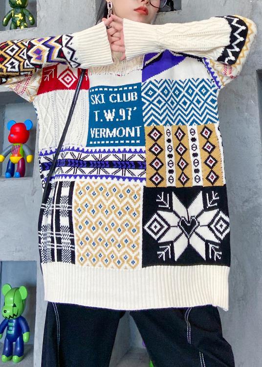 Aesthetic beige ColorBlock Sweater Blouse o neck trendy plus size Winter sweaters