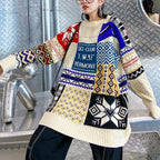 Aesthetic beige ColorBlock Sweater Blouse o neck trendy plus size Winter sweaters