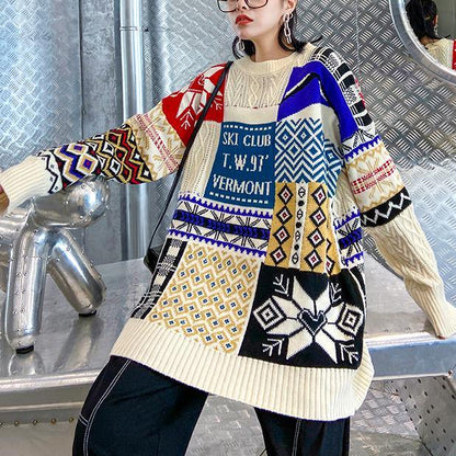 Aesthetic beige ColorBlock Sweater Blouse o neck trendy plus size Winter sweaters