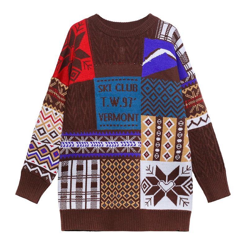 Aesthetic beige ColorBlock Sweater Blouse o neck trendy plus size Winter sweaters