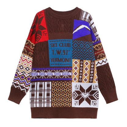 Aesthetic beige ColorBlock Sweater Blouse o neck trendy plus size Winter sweaters