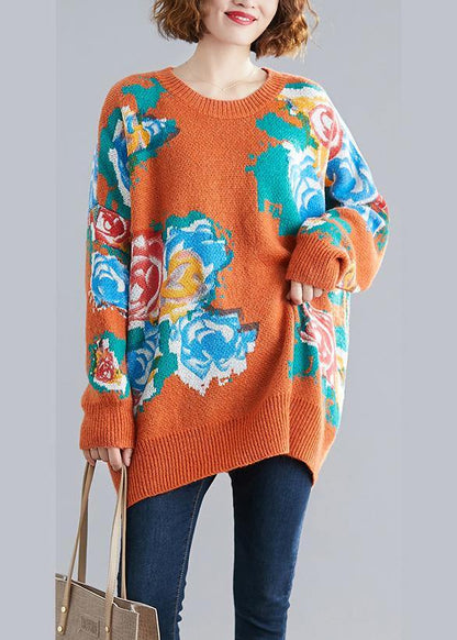 Aesthetic orange print knit tops o neck plus size knitwear