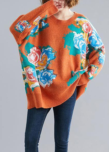 Aesthetic orange print knit tops o neck plus size knitwear