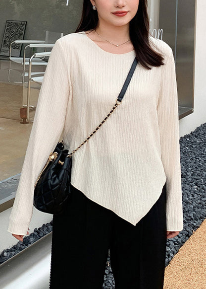 Art Apricot O-Neck Asymmetrical Cotton T Shirt Top Fall