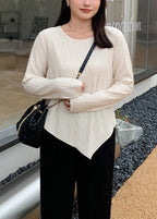 Art Apricot O-Neck Asymmetrical Cotton T Shirt Top Fall