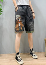 Load image into Gallery viewer, Art Black Grey Elastic Waist Cartoon Girl Denim Shorts Summer
