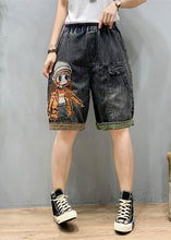 Load image into Gallery viewer, Art Black Grey Elastic Waist Cartoon Girl Denim Shorts Summer