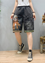 Load image into Gallery viewer, Art Black Grey Elastic Waist Cartoon Girl Denim Shorts Summer