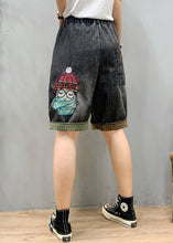 Load image into Gallery viewer, Art Black Grey Elastic Waist Cartoon Girl Denim Shorts Summer