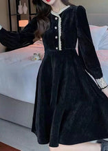 Load image into Gallery viewer, Art Black O-Neck Lace Patchwork Thick Corduroy Maxi Dresses Spring