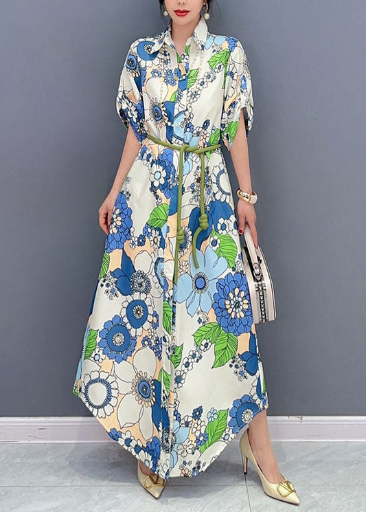 Art Blue Peter Pan Collar Print Cotton Maxi Shirts Dresses Summer