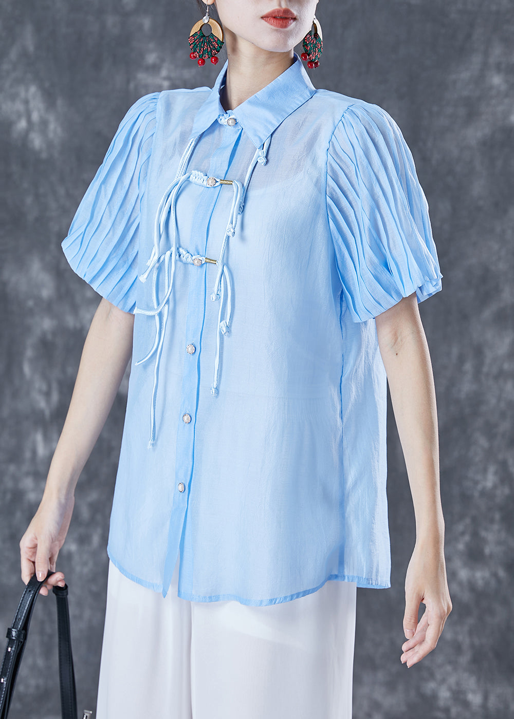 Art Blue Peter Pan Collar Tassel Silk Blouse Tops Lantern Sleeve