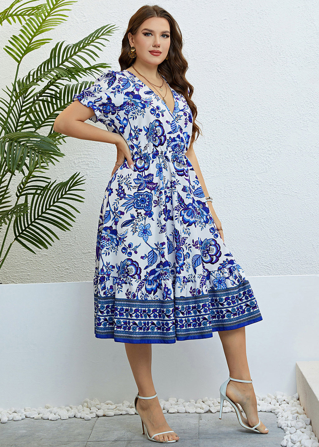Art Blue V Neck Print Elastic Waist Silk Maxi Dress Summer