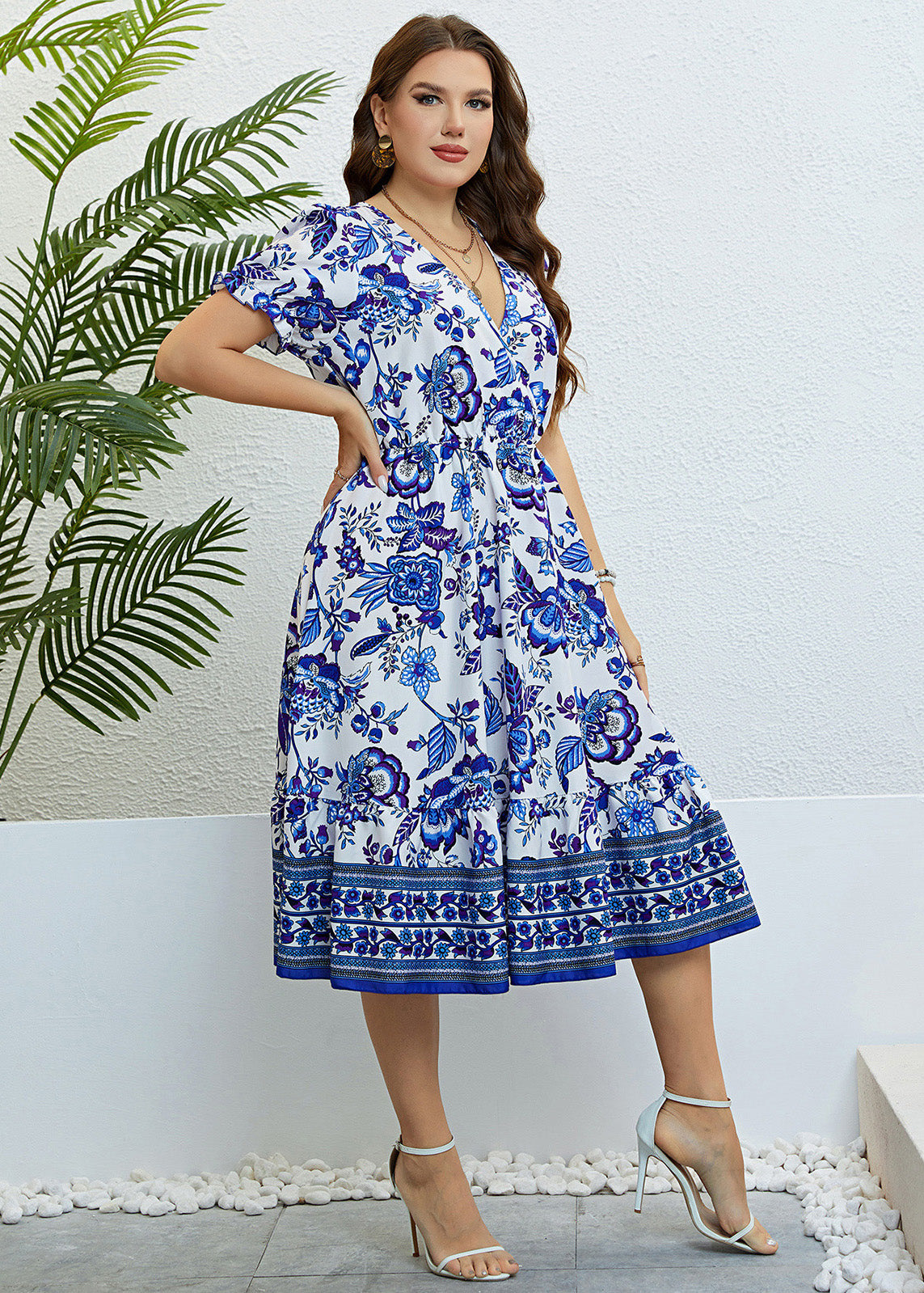 Art Blue V Neck Print Elastic Waist Silk Maxi Dress Summer