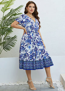 Art Blue V Neck Print Elastic Waist Silk Maxi Dress Summer