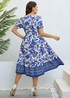 Art Blue V Neck Print Elastic Waist Silk Maxi Dress Summer