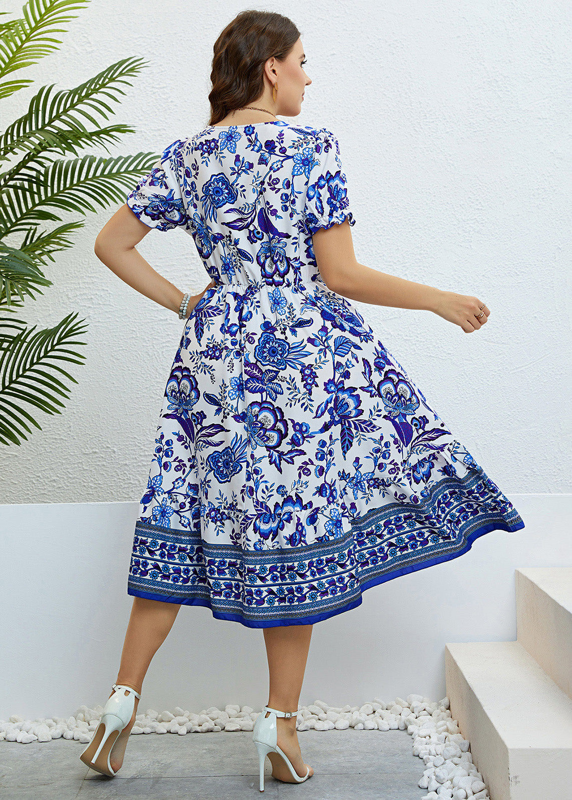 Art Blue V Neck Print Elastic Waist Silk Maxi Dress Summer