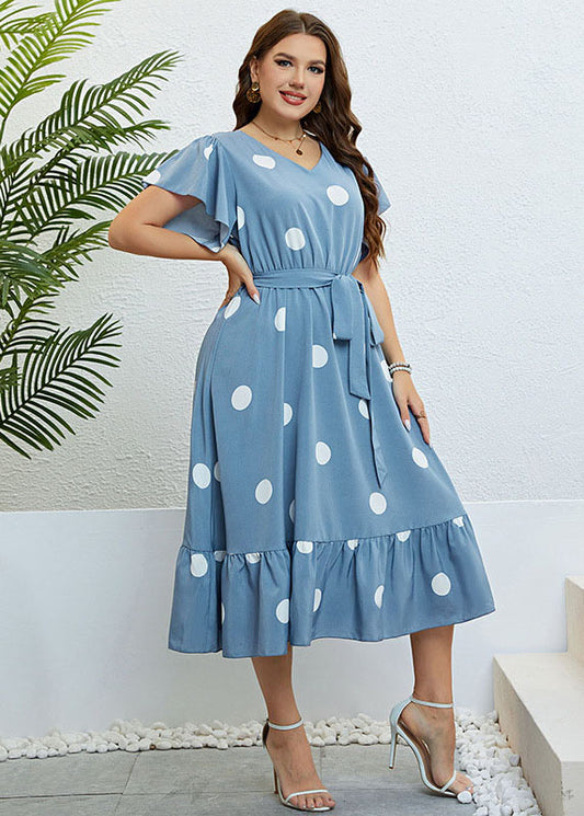 Art Blue V Neck Print Tie Waist Patchwork Chiffon Dress Summer