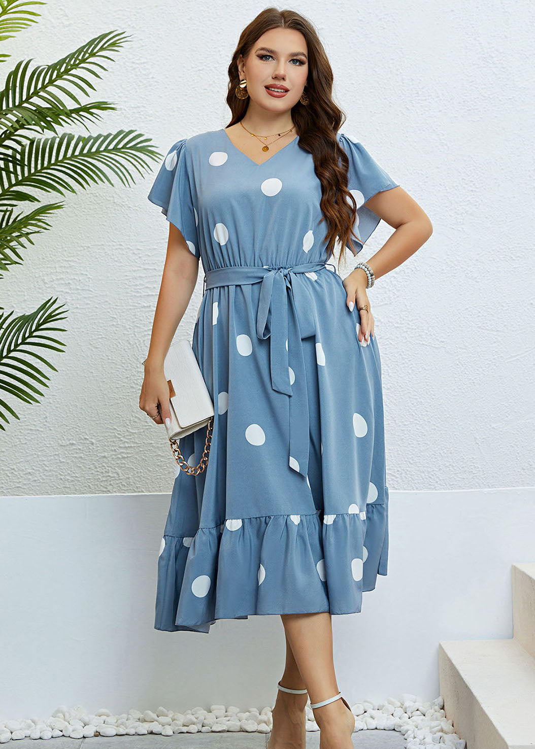 Art Blue V Neck Print Tie Waist Patchwork Chiffon Dress Summer