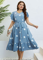 Art Blue V Neck Print Tie Waist Patchwork Chiffon Dress Summer