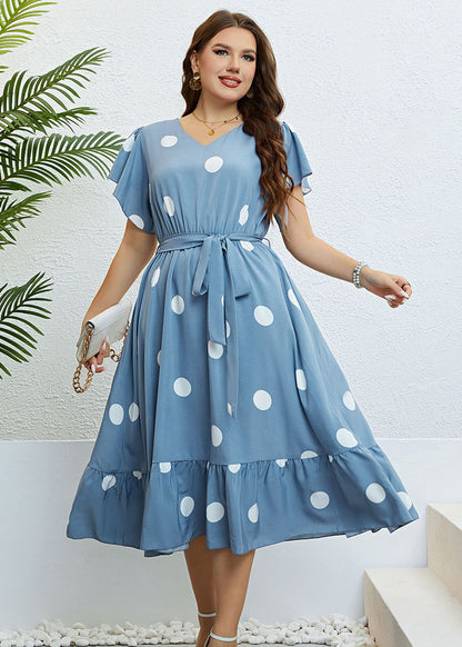 Art Blue V Neck Print Tie Waist Patchwork Chiffon Dress Summer