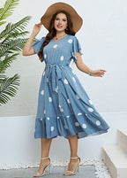Art Blue V Neck Print Tie Waist Patchwork Chiffon Dress Summer