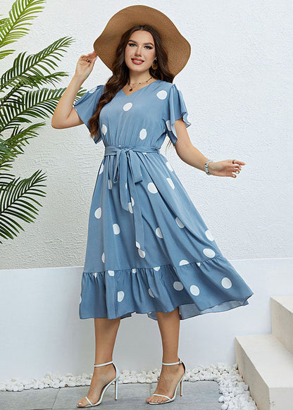 Art Blue V Neck Print Tie Waist Patchwork Chiffon Dress Summer