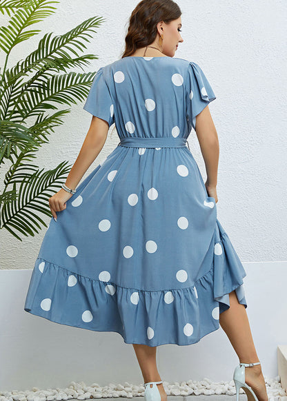 Art Blue V Neck Print Tie Waist Patchwork Chiffon Dress Summer