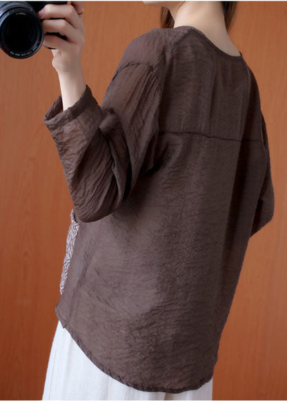 Art Chocolate V Neck Patchwork Pockets Linen Shirt Tops Spring