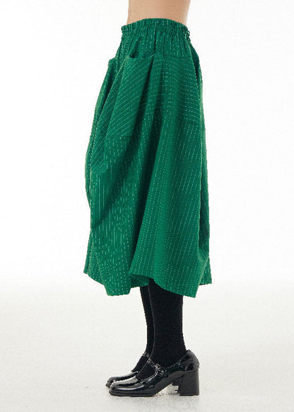 Art Green Striped Pockets Wrinkled Patchwork Cotton Wide Leg Pants Spring