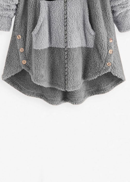Art Grey Hooded Print Zippered Patchwork Teddy Faux Fur Coats Fall