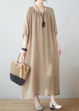 Load image into Gallery viewer, Art Khaki O Neck Wrinkled Pockets Patchwork Linen Dresses Summer