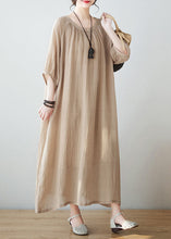 Load image into Gallery viewer, Art Khaki O Neck Wrinkled Pockets Patchwork Linen Dresses Summer